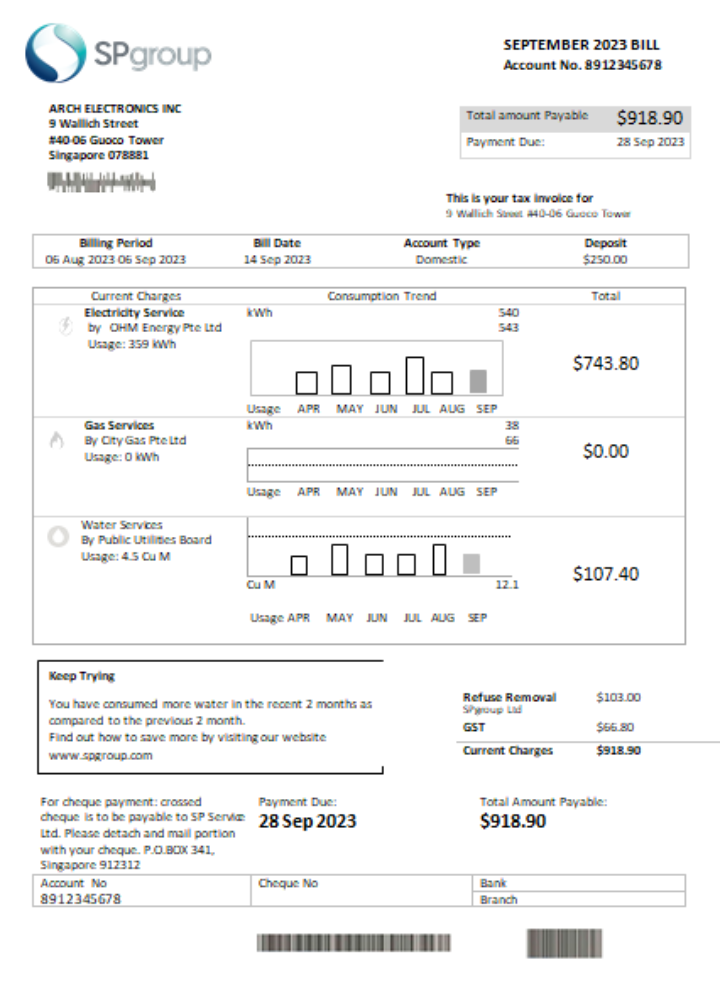 SP Group utility business bill SCR, page 1 PSD template